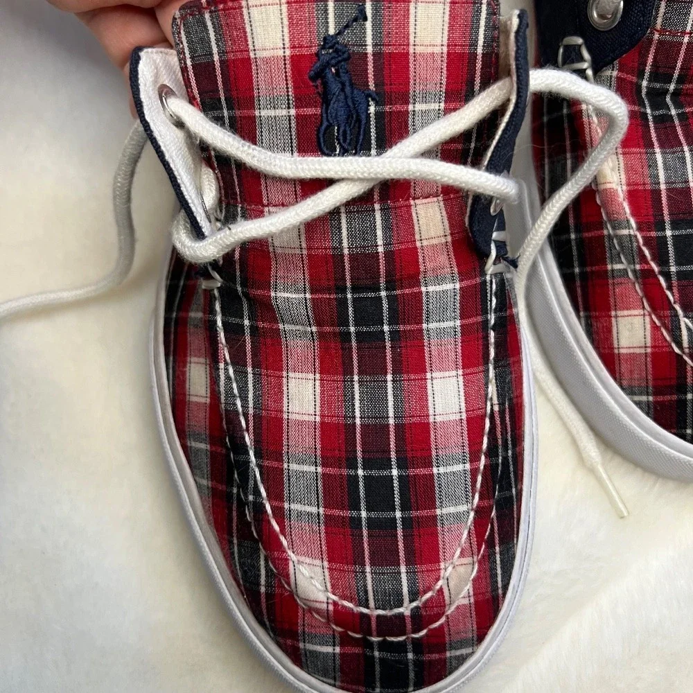 Polo Ralph Lauren‎ Plaid Boat Shoes Casual Loafers Red White Blue Size 8D Mens